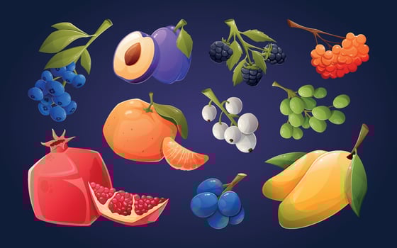 Set of bright fresh fruits and berries. Collection of isolated cartoon illustrations. vector