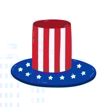 Cute cartoon American patriotic cylinder hat with US flag. Uncle Sam hat as symbol of Independence day, 4th July, freedom, democracy. Hand drawn illustration in red and blue colors isolated on white. vector