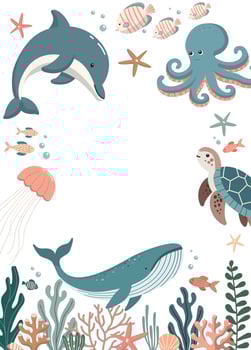 Under the sea theme frame with cute underwater life. Invitation card. Baby shower under the sea theme template background vector