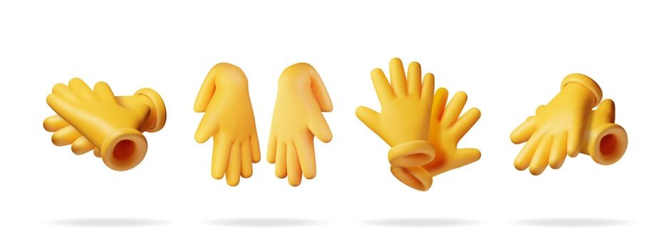 3d set of yellow rubber gloves isolated on white. Render collection of latex gloves icon. Hygiene, cleaning, wash, housekeeping work. Work and protective equipment. vector