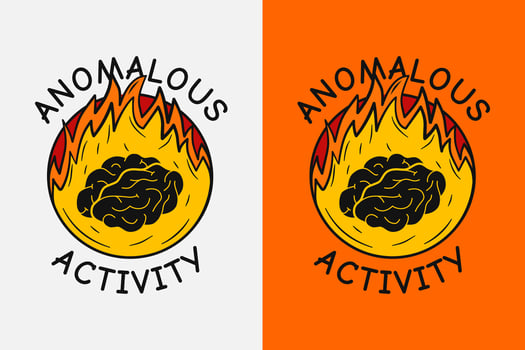 Cartoonist anomalous activity text. Depiction of the brain with the surroundings on fire showing intense activity throughout the brain. vector