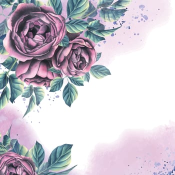 Roses with leaves are burgundy on a white background. Watercolor illustration. The frame is a blank for invitations, certificates, holiday printing. Composition from the collection of WEDDING FLOWERS vector