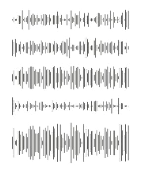 Waveform patterns. Music player or app. Equalizer graphic symbol. Set of voice message template. Audio chat speech sound wave icons. Elements for mobile messenger, podcast online radio interface. vector