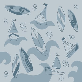 Set with boats and surfboards. Doodles clip art in pastel colors. vector