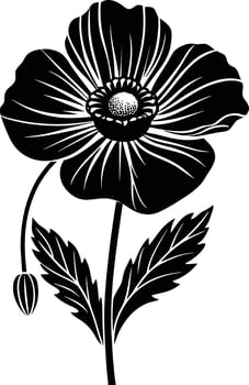 Black and white poppy flower silhouette vector