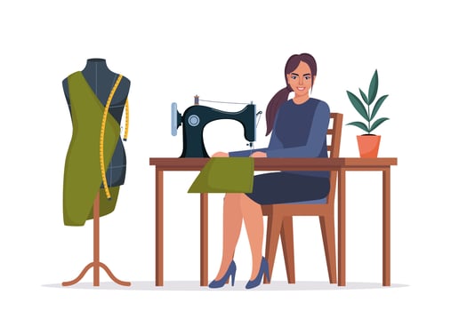 Female dressmaker or seamstress working on sewing machine. Smiling woman sewing sitting on table. Fashion designer at workplace. Young woman using sewing machine. Tailor with a mannequin. . vector