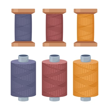 Spools of thread, set. Equipment for Dressmakers. Tailors accessories, supplies to sew cloth. . vector