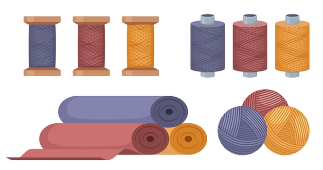 Spools of thread, rolls of fabrics for sewing and knitting. Natural woolen weave cloth. Wool thread, clew yarn. . vector