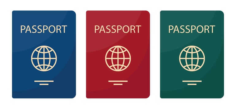 Passports with covers of different colors. Personal identification document. Passport for travel and tourism. Travel, citizenship, migration concept. illustration. vector