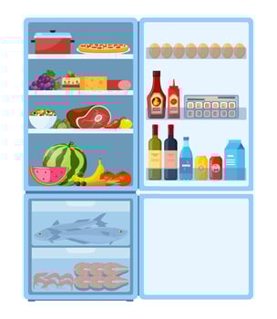 Fridge. Open refrigerator. Blue fridge with healthy food, water, meet, vegetables, fruits. Illustration. vector