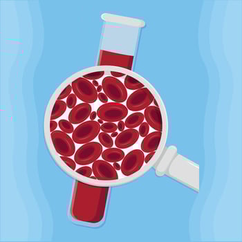 cells in a test tube. illustration of a magnifying glass with a blood. Blood test illustration. vector
