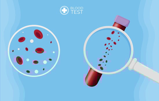 cells in a test tube. illustration of a magnifying glass with a blood. Blood test illustration. vector