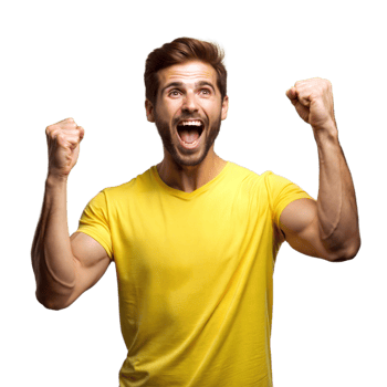 Excited Young Man in Yellow T-Shirt Celebrates Success With Fists Pumped on Transparent Background png