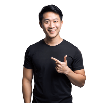 Smiling Asian Man Wearing Black T-Shirt Pointing Right on Transparent Background png