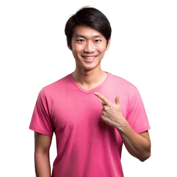 Smiling Asian Man Pointing At Himself In Pink T-Shirt on Transparent Background png