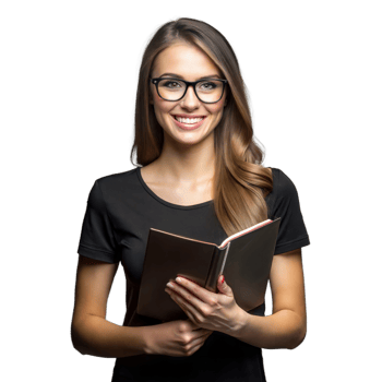 Young Woman Wearing Glasses Holding a Closed Notebook on Transparent Background png