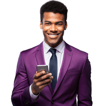 Smiling Businessman Using Smartphone in Purple Suit on Transparent Background png