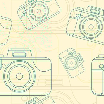 Editable Outline Style Camera Vectorized Illustration Icon Seamless Pattern for Creating Background of Photography and Art Related Purposes vector