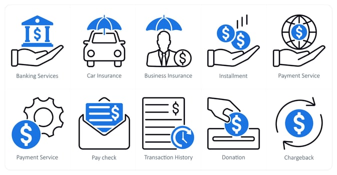 A set of 10 banking icons as banking services, car insurance, business insurance vector