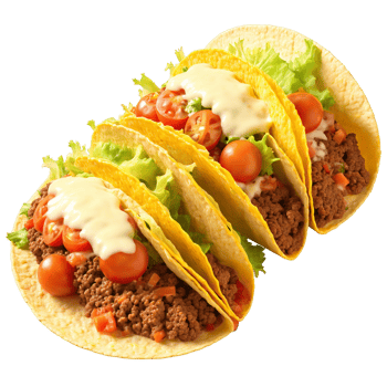 Beef Tacos with seasoned ground beef lettuce tomatoes and cheese in taco shells with steam png