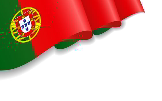 Realistic 3D flag of Portugal, white background. Portuguese national holiday banner with copy space. vector