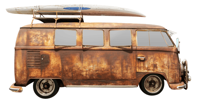 Side view rusty old van with surfboard on rack png