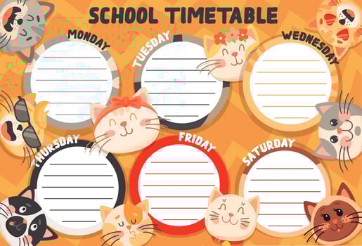 School timetable schedule funny cats and kittens vector