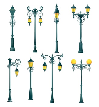 Old street light pillar and lampposts, streetlamps vector
