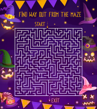 Halloween holiday labyrinth maze kids game, riddle vector