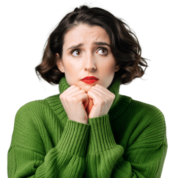 Worried woman in green sweater with anxious facial expression png