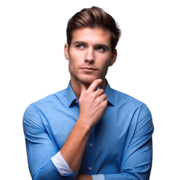 Thoughtful young man in blue shirt on transparent background png