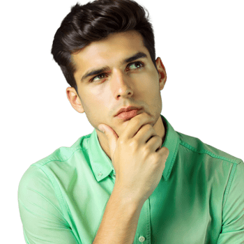 Thinking man in green shirt on transparent background, contemplating ideas png
