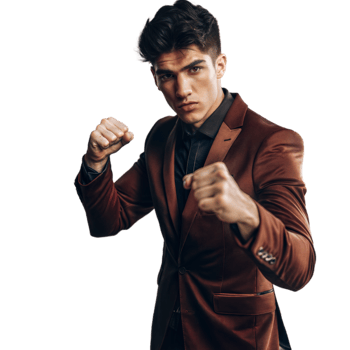 Confident man in brown suit with boxing stance on transparent background png