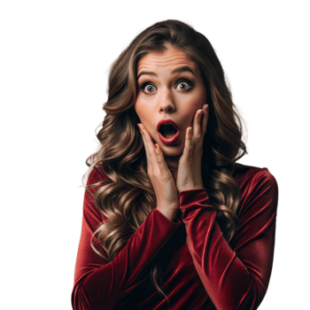 Surprised young woman in red dress on transparent background png