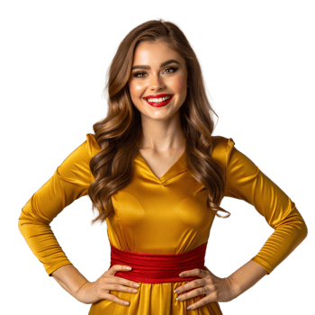 Smiling woman in golden dress with confident pose on transparent background png