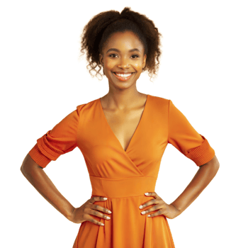 Confident woman in orange dress with hands on hips png