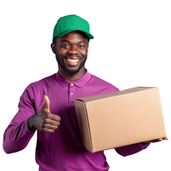 Smiling delivery man with parcel and thumbs up on transparent background png