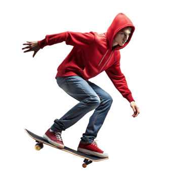 Teenager in red hoodie skateboarding on a transparent background png