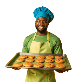 Smiling chef holding tray of freshly baked cookies on transparent background png