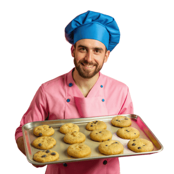 Happy young chef presenting freshly baked cookies on a tray png