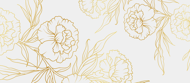 Luxury gold carnation flowers background. Floral pattern tropical in line art style for greeting, invitation, wedding card, wall art, wallpaper and print. illustration vector