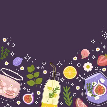 Illustration with phrase Hello Summer on dark background. Summer themed elements such as glasses of refreshing drinks with ice cubes, citrus slices, figs, strawberry, mint leaves, and various flowers. vector