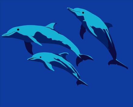 illustration of three dolphins swimming in the deep sea vector