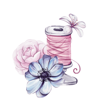 Watercolor flower and a spool of thread are on a white background. The flower is pink and blue, and the thread is pink. Concept of creativity and craftsmanship, as the thread, sewing tools png
