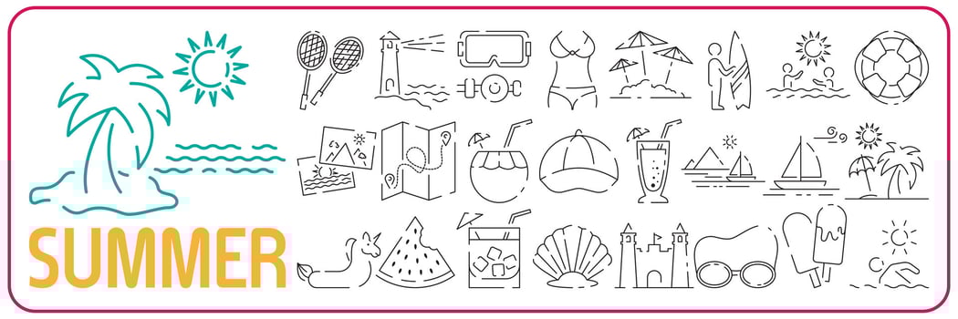 Thin line icons set of summer, vacation and beach. Summer travel illustration. vector