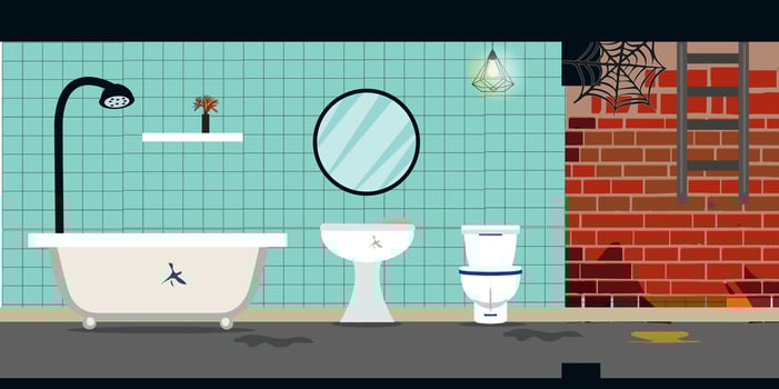 Bathroom in an old dirty apartment. brick wall, bath and shower, toilet. For 2d games location. illustration vector
