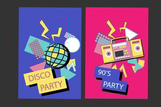 90s music backgrounds. Retro disco posters with y2k or 00s elements. vector
