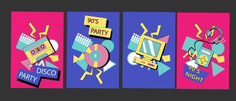 90s music backgrounds. Retro disco posters with y2k or 00s elements. vector
