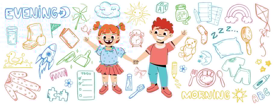 Daily routine sketch icon with funny kids in doodle style. Cartoon boy and girl doing every day activities. Happy characters brush teeth, eat breakfast, play with toys in kindergarten, study at school vector