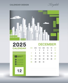 Calendar 2025 design template- December 2025 year layout, vertical calendar design, Desk calendar template, Wall calendar 2025 template, Planner, week starts on sunday, green background vector
